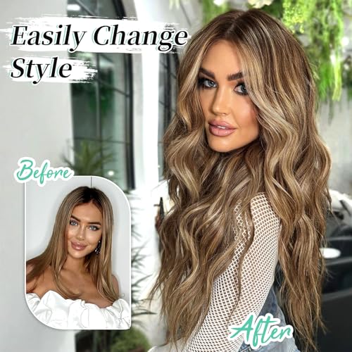 Image of Wavy Thick Hair Extensions 20 inch Medium Brown mix Caramel Blonde | 4 Pieces Clip in Extensions,Fiber Double Weft Hairpieces,Natural Volume,Wave Long Synthetic Highlight Hairpieces for Women