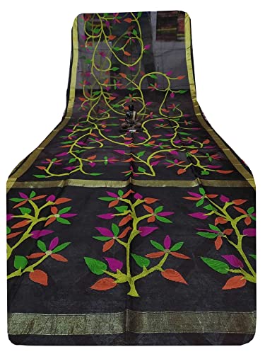 Sari de muselina Jamdani tradicional tejido a mano negro elegante de 5.5 metros para festival