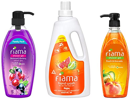 Image of Fiama Shower Gel, Family Pack, Blackcurrant & Bearberry Body Wash &Fiama Shower Gel Peach & Avocado, Body Wash &Fiama Happy Moisturising Hand Wash 900Ml