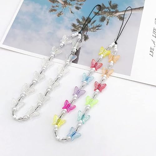Fuqimanman2020 White Natural Stone Cell Phone Lanyard Strap Charms- Handmade Colorful Beaded Butterfly Charms for Women Girl, Slip Mobile Phone Wrist Chain String Hanging Cord for Camera Handbag