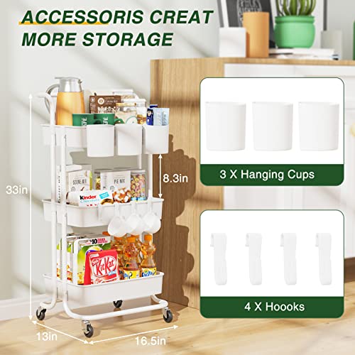 LEHOM-3-Tier-Rolling-Utility-Cart-with-Hanging-Cups-Hooks-Handle-Plastic-Art-Cart-Organizer-Storage-with-Wheels-Easy-Assembly-for-Office-Bedroom-Kitchen-Bathroom-Laundry-White LEHOM 3 Tier Rolling Utility Cart with Hanging Cups Hooks Handle Plastic Art Cart Organizer Storage with Wheels Easy Assembly for Office Bedroom Kitchen Bathroom Laundry White