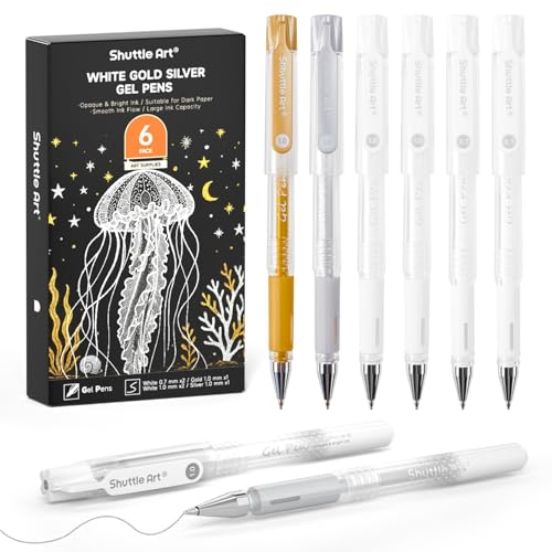 Shuttle Art White Gold Silver Gel Pens 6 Pack 0.7mm 1.0mm Metallic Gel Ink Pens Fine Point for Black Paper Highlighting Card Making Scrapbooking Coloring Writing Drawing School Office Home
