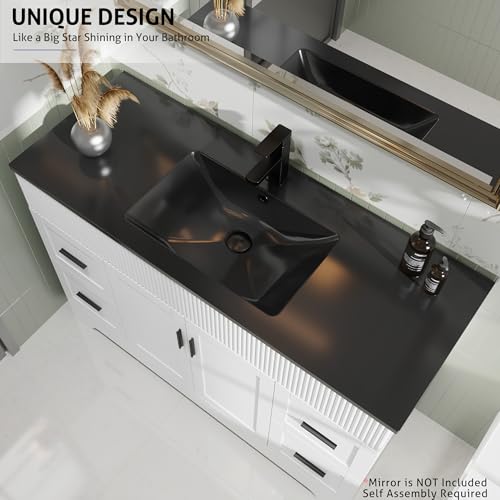 Image of eclife 48 inch Bathroom Vanities Sink Combo with Painted Surface, Modern Drawered Cabinet W /Decorative Wave Lines, Undermount Single Black Sink, Matte Black Faucet Drain, White