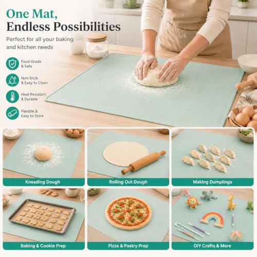 Image of Purebake Extra Thick Silicone Baking Mat 50x40 cm - Non Stick Silicone Mat for Kitchen, Roti & Chapati Making | Pastry Kneading Mat for Dough, Cookies, Pizza | Heat Resistant BPA Free (Sage Green)