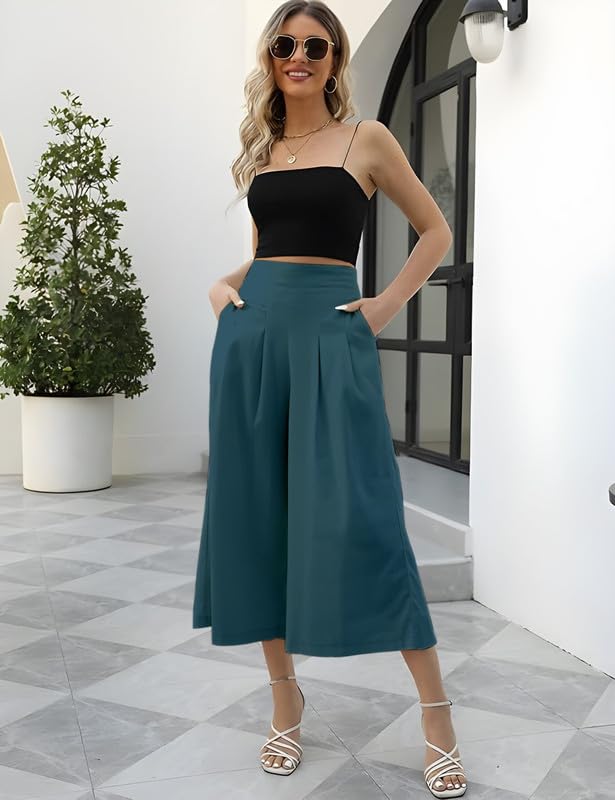 Image of OOMPH! Cotton Linen Palazzo Pant for Women | Women's High Rise High Waist Trousers Flowy Wide Leg Plazzo Pant Trouser with Pocket | Plazo Pant for Woman