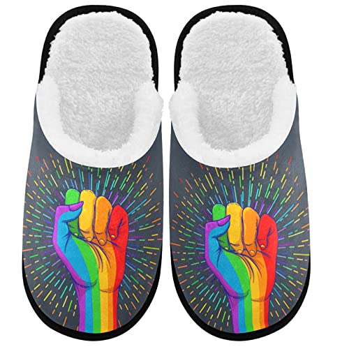visesunny Rainbow Colored Hand Fist Raised Gay Cozy Fuzzy Mens Womens Memory Foam House Slippers Plush Fleece Indoor Outdoor Slipper