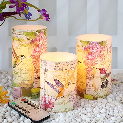 Image of Flameless Candles Pink Hummingbird Floral Battery Operated with Remote Flickering LED Real Wax Pillar Candle Warm Light Spring Summer Decor for Home Fireplace Christmas Holiday Gifts