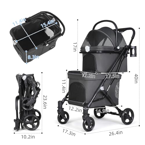 Beberoad Klappbarer Hundewagen, 2 Etagen Hundewagen für Kleine Hunde und Katzen, Pet Stroller Hundebuggy Für Mehrere Haustiere, Hundebox für Hunde & Katzen, Schwarz
