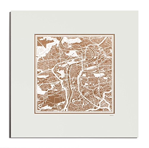 O3 Design Studio Prague Paper Cut Map Matted Brown 20x20 in. Paper Art