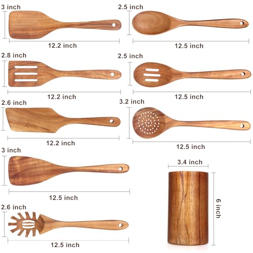 Image of 9 Pcs Wooden Spoons for Cooking Utensils with Utensil Holder Teak Wood Kitchen Utensils Set Flat Wooden Spatula Cooking Mixing Spoons Spaghetti Spoon Slotted Turner Scraper Spatula Large Utensils