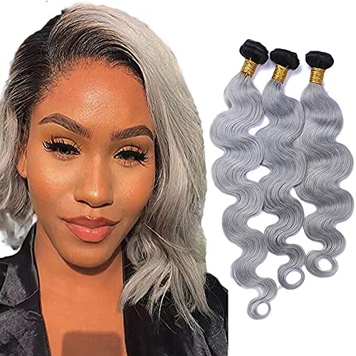 Freiuoke 12 14 16 Inch Peruvian Ombre Human Hair Bundles Body Wave Grey Ombre Human Hair Bundles 150% Density Brazilian Human Hair Weave With Dark Roots Baby Hair Around #1B/Silver by Wicca