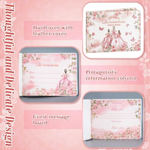 Image of MotiMind Quinceanera Guest Book with Pen 11 x 8 Inch Libro De Firmas Para 15 Anos Quinceanera Leather Hardcover Signature Book Guest Sign in for 15th Party Favors Decoration(Pink,Princess)