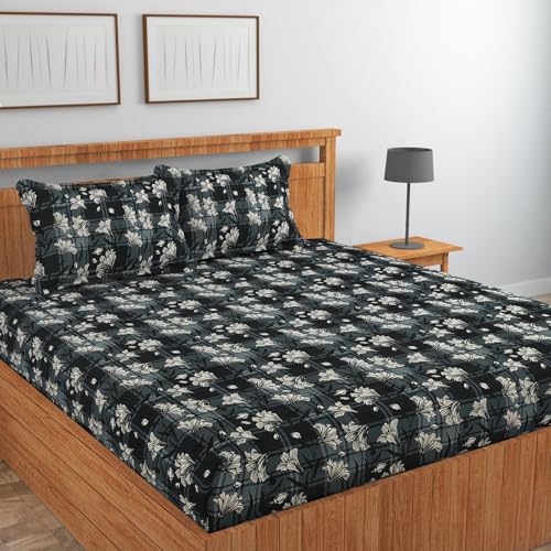 Image of NHD HOME Premium Cotton All Round Elastic Fitted Bedsheets with 2 Pillow Covers Double Bed All Around Elastic Supersoft Size - 72 x 78 +10 inches Dark Grey 200 tc - 220 tc