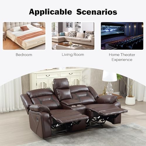 Image of EBELLO Manual Faux Leather Loveseat Recliner, 2 Seat Reclining Sofa Chair with Center Console, Hidden Storage and Cup Holders, Daul Recliner for Living Room, Meeting Room, Dark Brown (Loveseat)