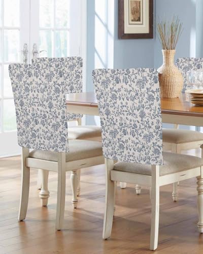 Vintage Farmhouse Floral Chair Back Covers Set of 4, Dining Back Chair Cover Removable Washable Back Slipcovers, Blue Pastoral Flowers Retro Kitchen Chair Protector for Wedding Party Housewarming