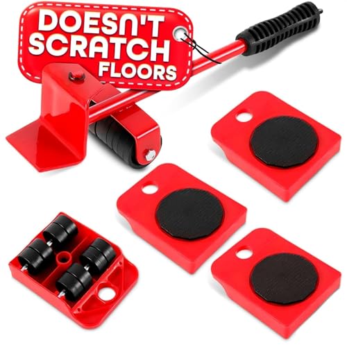 Image of Furniture Lifter Tool Set with Carbon Steel Lever, Rubber Grip Handle & 4 ABS Plastic Roller Wheels, Supports up to 100 kg, Heavy Duty Moving Kit for Washing Machine, Sofa & Bed, Easy Shifting