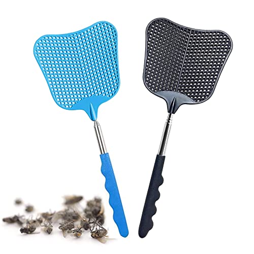 EasyULT 2 Packs Matamoscas Extensible, Matamoscas de Plástico, Matamoscas Manual, Telescopic Fly Swatters, Matamoscas Pest Control para Controlar Moscas, Mosquitos, Avispas, Plagas (Azul + Negro)