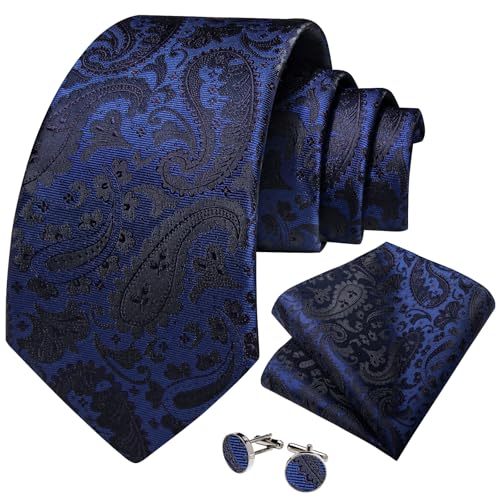 Image of DiBanGu Mens Paisley Tie Sets Silk Jacquard Woven Floral Necktie and Pocket Square Cufflinks Wedding Business Party