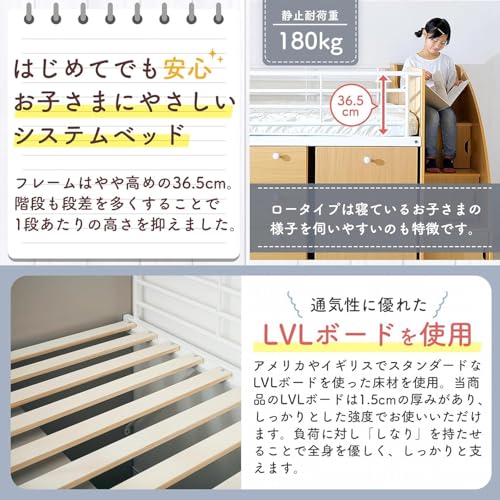 システムベッド シングル LVLボード デスク付き ラック付き ロフトベッド おしゃれ 木製 収納 机付き 階段付き (ホワイト) [4]