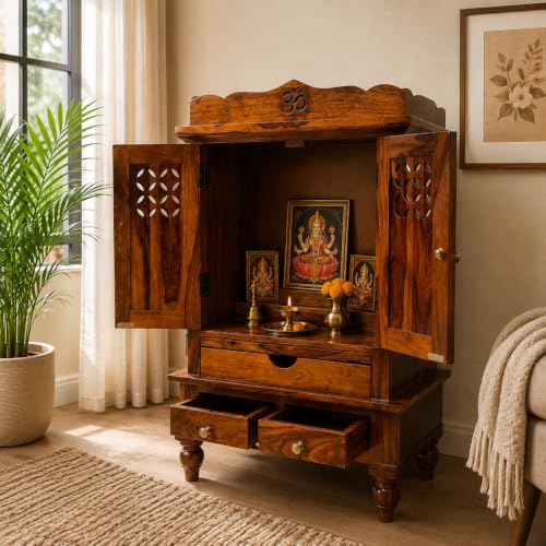 Image of Wudniture Premium Solid Sheesham Wood Pooja Mandir for Home, Office, Living Room & Prayer Room | with Doors, Drawer & Storage Shelf and Legs | Traditional Design | Honey Finish(Aaradhya Temple)