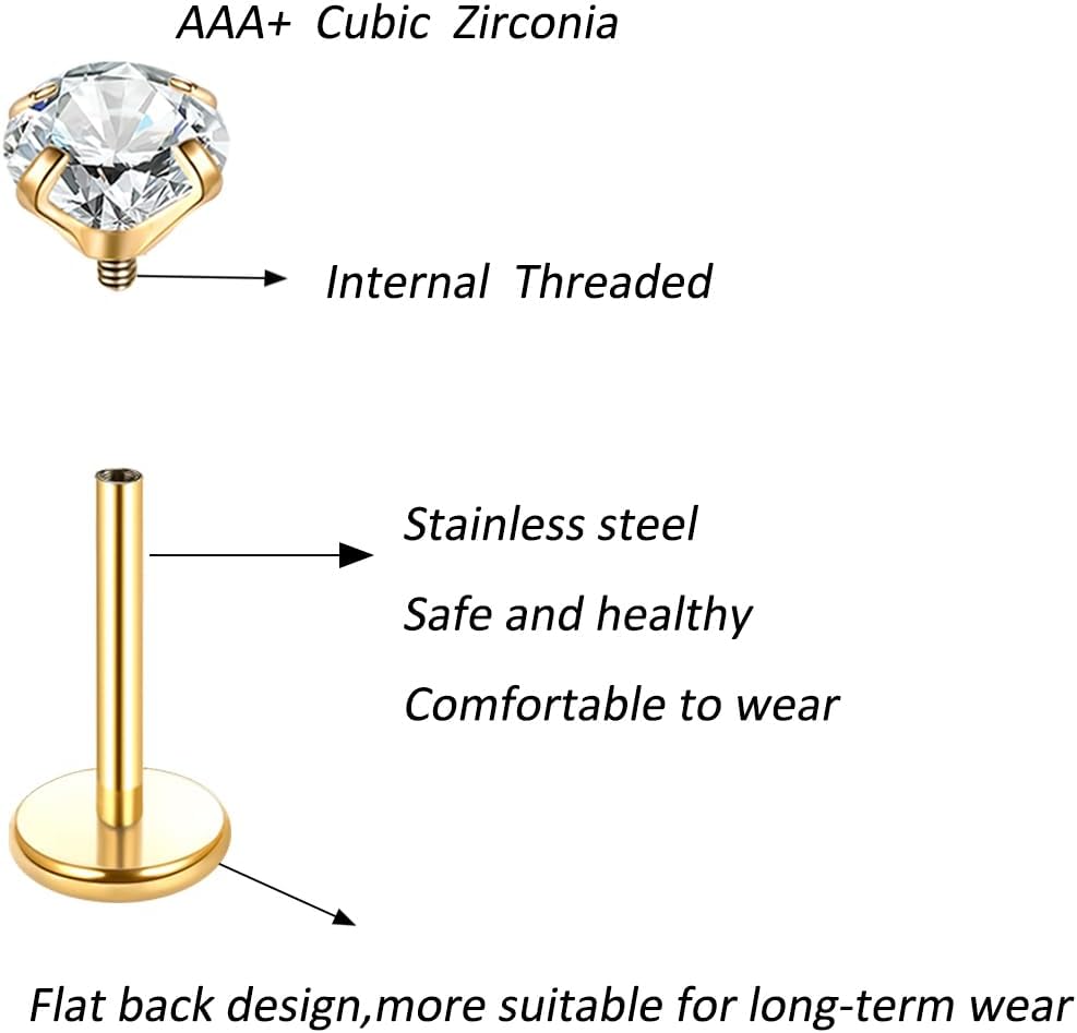 Aumeo 18G 16G Labret Jewelry Flat Back Nose Lip Rings Studs Stainless Steel Tragus Forward Helix Medusa Ashley Lip Monroe Labret Piercing Jewelry for Women - Image 3