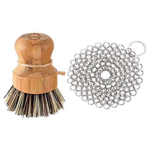 Lowest Price S & C Kitchen - Cast Iron Cleaner with a Bamboo Scrub Brush - 4 by 4-inch Stainless Steel Chainmail - Cleans Pans, Wok, Skillets etc. - Cast Iron Brush Scrubber – 1 PC + Stainless Steel Chainmail
