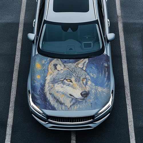 Image of Oil Painting Wolf Car Hood Cover Weatherproof Automotive Exterior Accessories Universal Fit Hood Covers for Cars, Trucks, SUV, or Van Full Coverage with Elastic Band