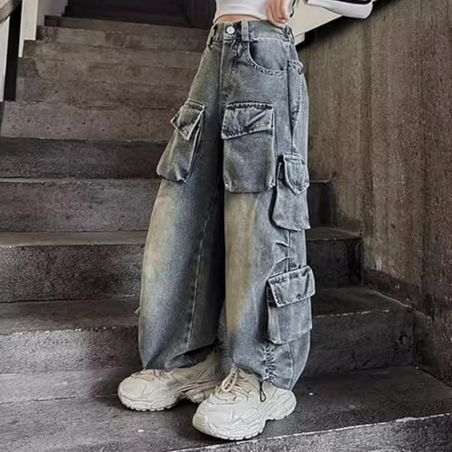 Baggy Jeans for Girls Streetwear Cargo Wide Leg Pants Asymmetrical Multi Pockets Cute Jeans for Girls Distressed Washed2