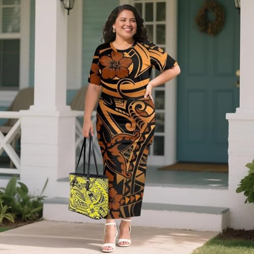 Image of Puletasi Samoan Traditional 2 Piece Outfits for Women Short Sleeve Crop Top and Maxi Skirt Sets Puletasi Dress