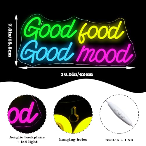 Image of Looklight Good Food Good Mood Neon Sign Letter Neon Signs for Wall Decor Colorful Led Lights for Kitchen Fast Food Shop Cafe Restaurant Store Snack Shop Room Decorations Gifts