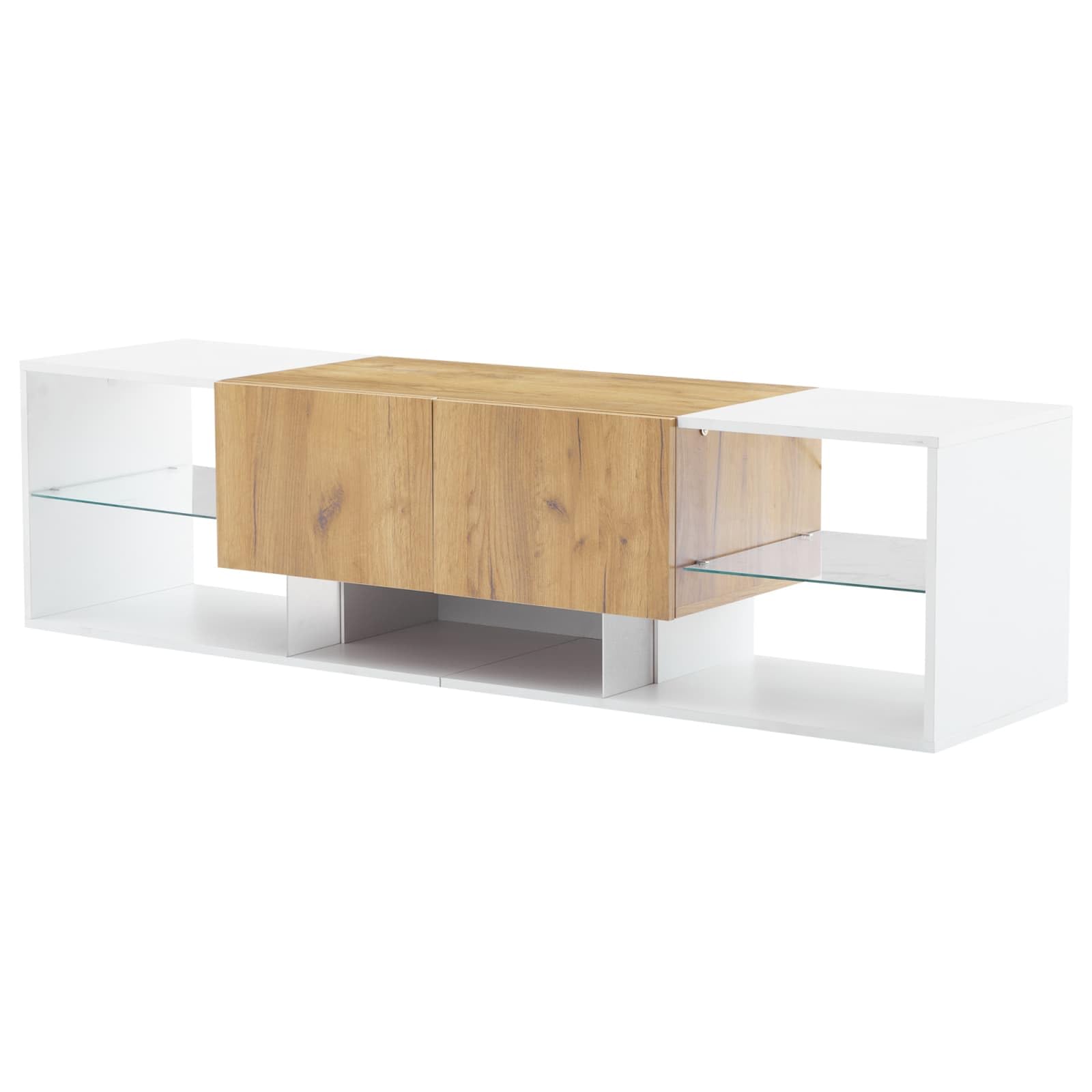 PUGSDRLY 160x40x42 cm Meuble TV Moderne, Support Télé, 2 Tiroirs, Étagère de Rangement en Verre, Adaptée aux Téléviseurs de Moins de 70", pour Salon, Chambre (Blanc Antique + Naturel)