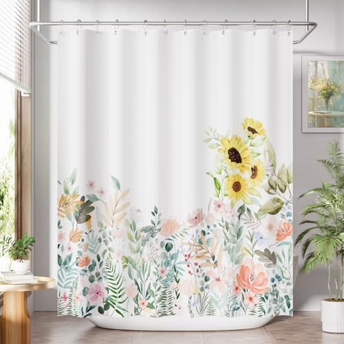 Image of AmazerBath Floral Shower Curtain, Cloth Fall Flower Shower Curtains for Bathroom Decor, Rustic Washable Sunflower Eucalyptus and Leaves Fabric Shower Curtain Sets with 12 Metal Hooks, 72x72 Inches