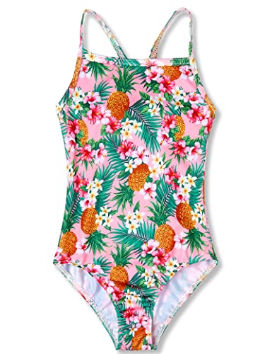 TENVDA Girls One Piece Swimsuit Size 5-6 Years Cheetah Print Pink Swimwear Quick Dry Breathable Sport Competition Bathing Suits