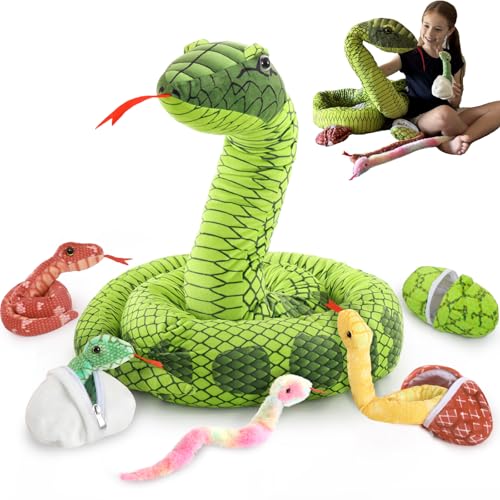 Image of MaoGoLan 118 inch Giant Green Stuffed Snake, Realistic Mommy Snake with 4 Babies & 3 Eggs Plush Toy, Large Green Boa Constrictor Stuffed Animal for Boys Girls Kids Christmas Easter Gift