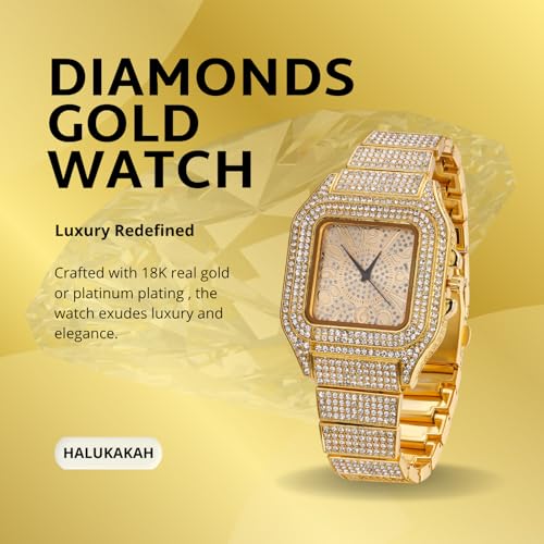 Image of Halukakah Diamonds Watch Iced Out for Boy Teens Kids - 18K Real Gold /Platinum Plated,Arabic Numerals Square Dial,Japanese Quartz - 7.3 inch Length - Optional with Cuban Link Chain - for Birthday,Parties