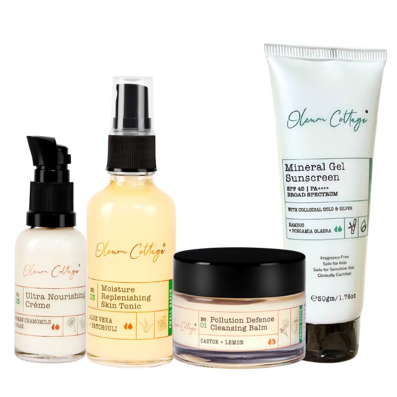 Oleum Cottage Sensitive Skin Bundle for Rosacea, Redness and Rashes| Contains Cleansing Balm, Skin Tonic, Ultra Nourishing Crème and Mineral Sunscreen | 100% Plant Ingredients