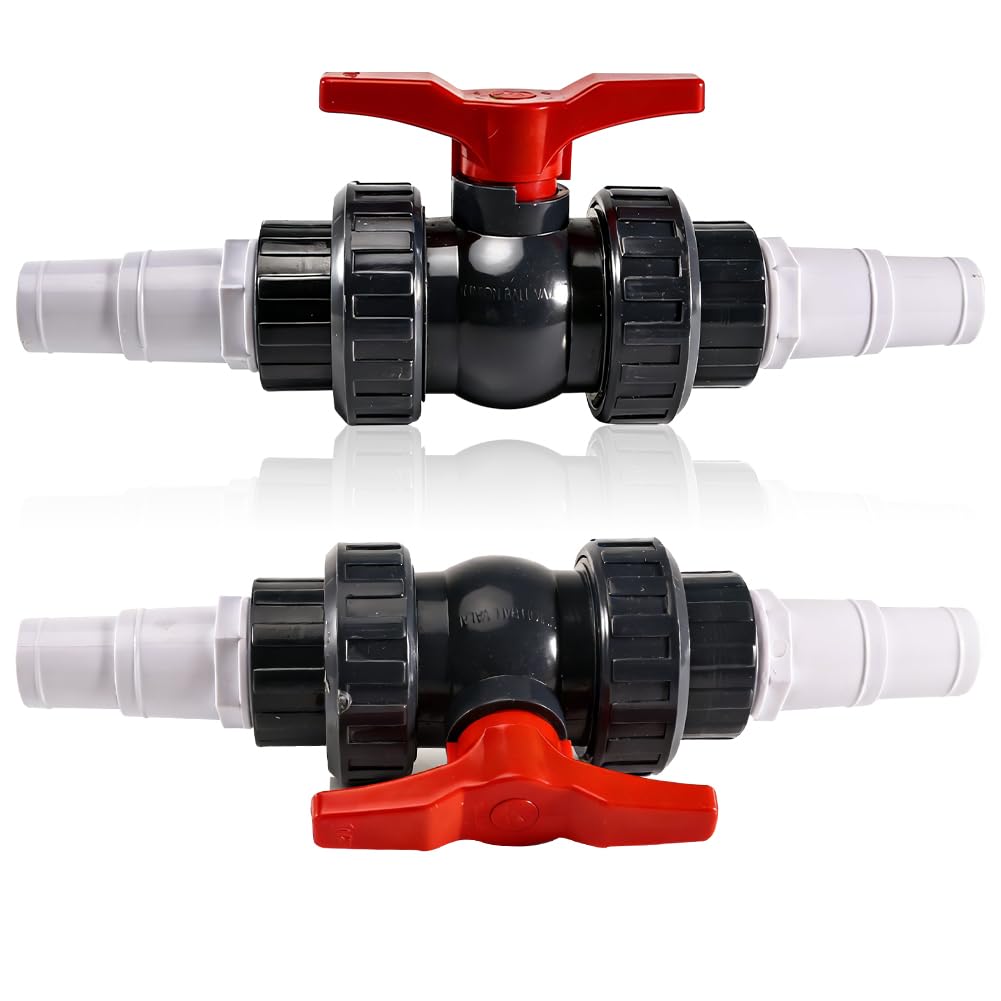 Robinet à boisseau sphérique de 50 mm avec raccord de tuyau – Kit robinet d'arrêt de piscine en PVC | Comprend 1 robinet d'arrêt 1 1/2", 2 raccords de tuyau de piscine 32-38 mm, 4 colliers de serrage