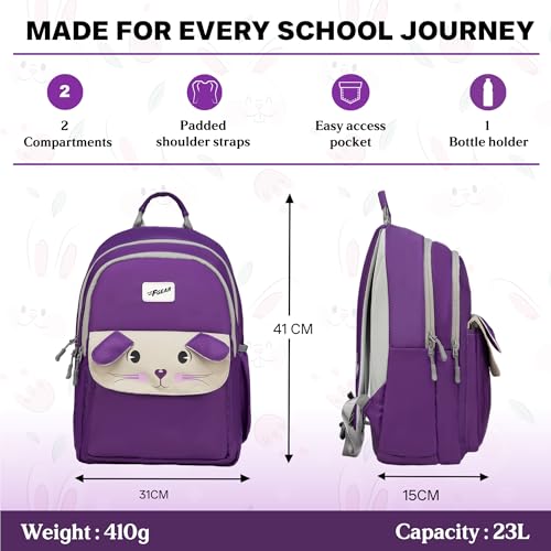Image of F Gear Bunny Dark Purple 22L School Backpack|Premium & Soft Touch|Unisex Kids School Bag with Two Spacious Compartments and Front Pocket, with Bottle Holder|Ideal for School, Daily Use & Travel