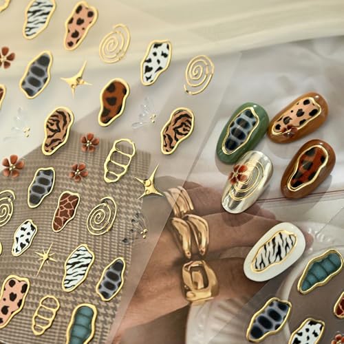 Image of Leopard Print Nail Stickers Retro Nail Art Stickers with Gold Line Design Nail Decal 5D Embossed Self Adhesive Nails Charms Supply for Women Girl DIY Manicure Decoration Accessories