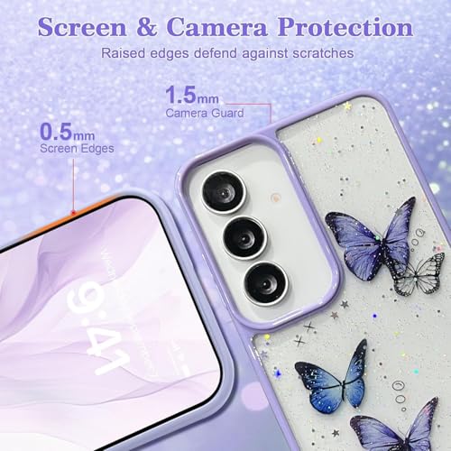 Image of VONZEE for Samsung Galaxy S25 FE 5G Clear Glitter Butterfly Case, Cute Bling Sparkle Shiny Soft Silicone TPU Bumper Shockproof Women Girls Slim Protective Phone Cover for Galaxy S25 FE 5G, Purple
