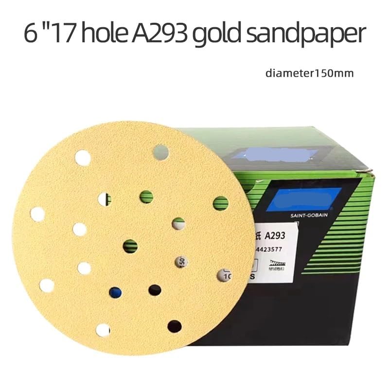 Carta vetrata dorata da 6 pollici, 17 fori, a secco, 150 mm, floccata, rotonda, for legno, stucco for auto, grana 80-500﻿(120 grit,50 pcs)