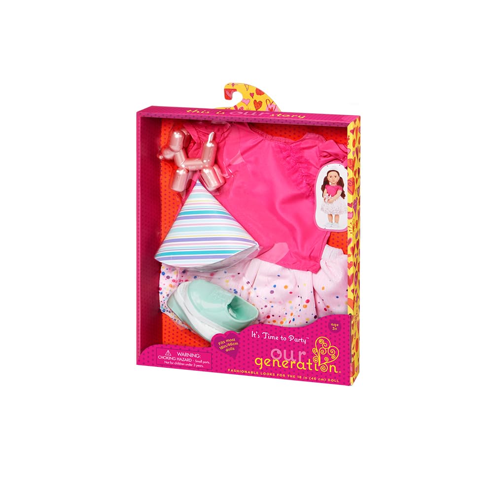 Our Generation Strój urodzinowy – nadruk z konfetti, spódnica z balonami – 45 cm, odzież dla lalek, pretend play, zabawki dla dzieci w wieku 3 i do góry, It's Time to Party