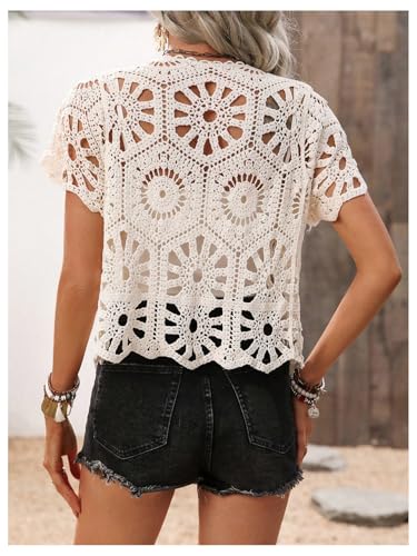 GORGLITTER Women's Tie Front Hollow Out Cardigans Short Sleeve V Neck Pointelle Knit Tops3