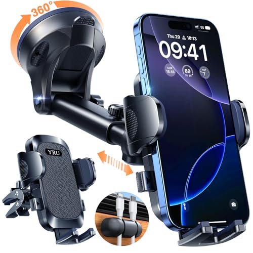 【2026 Militär-Klasse】Handyhalterung Auto Upgrade【Stärkst Saugnapf & Lüftungsclip】Handy Halterung Auto 360°Handyhalter Auto auf Armaturenbrett Scheibe für iPhone 17 16 15 14 13 Pro Max usw,Mattschwarz 1