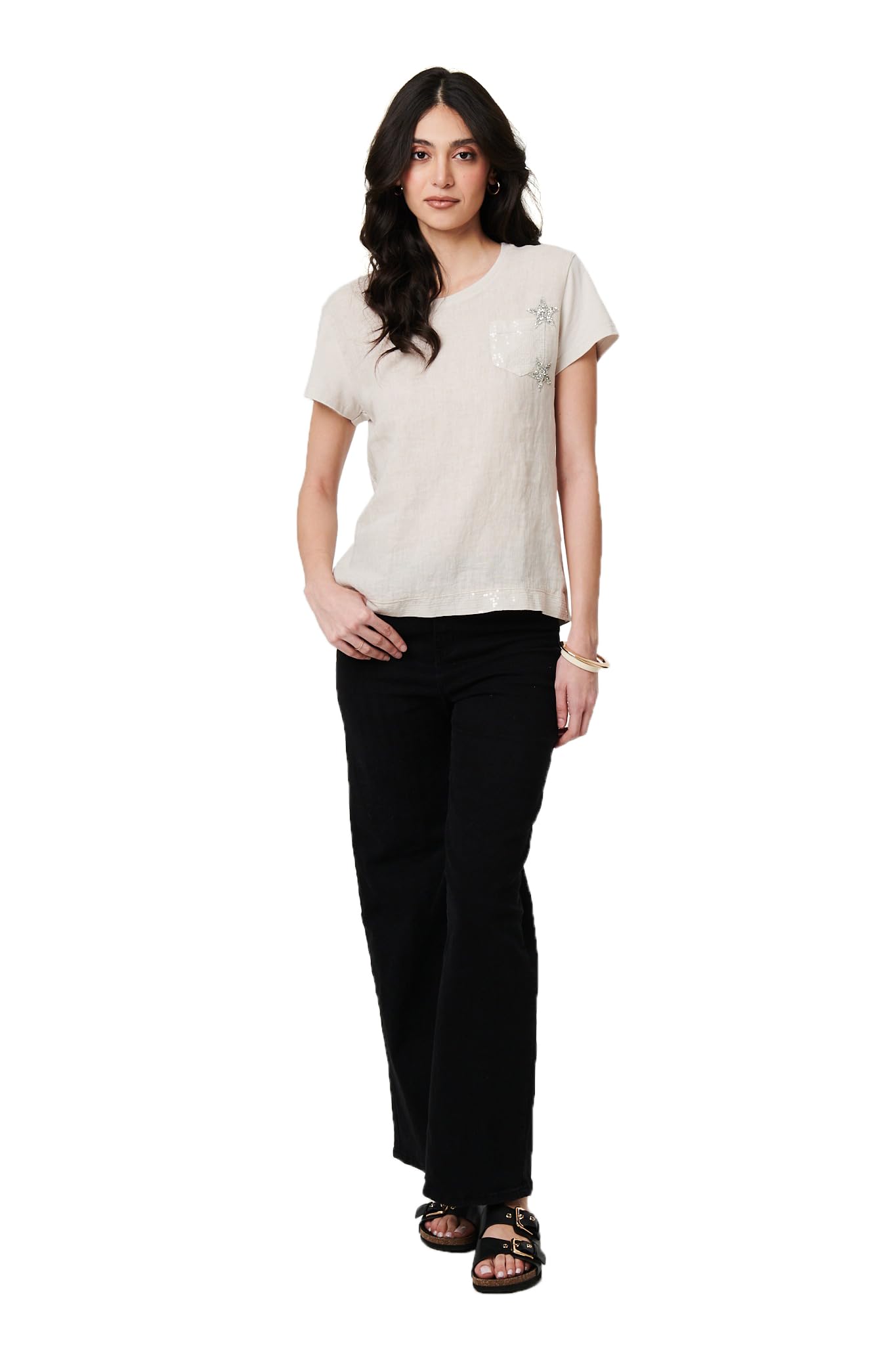 Izabel London Beige Metallic Star Detail Relaxed T-Shirt - 14