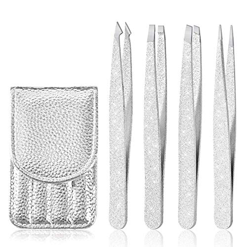 Tweezers Set 4-piece,Professional Stainless Steel Slant Tip and Pointed Craft Tweezers with Leather Case-Precision for Eyebrows,Ingrown Hair,Facial Hair,Blackhead and Lash Extension (Bright silver)
