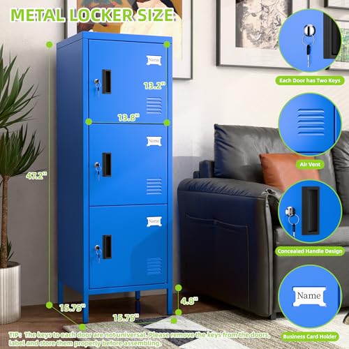 Image of Aobabo 16 inch W 3 Door Metal Storage Locker with Lock, 47 inch H Steel Locker with Name Card Holder and Metal Leg for School, Home, Office, Playroom, Assembly Required, Blue