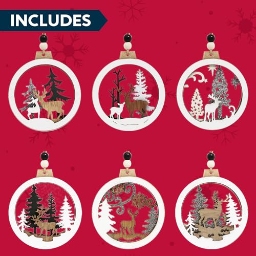 JOIEDOMI 6 Pcs Christmas Wooden Ornaments, Christmas Farmhouse Rustic Reindeer, Hanging Wood Ornaments for Winter Holiday Indoor Decor, Xmas Tree Decorations - image 6