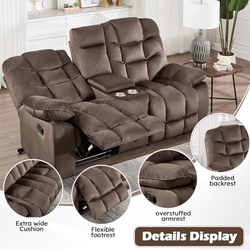 Image of Manual Reclining Loveseat Sofa for Living Room, 77 inch Wide Overstuffed 2-Seater Recliner Couch with Cup Holders & Storage Console, Brown
