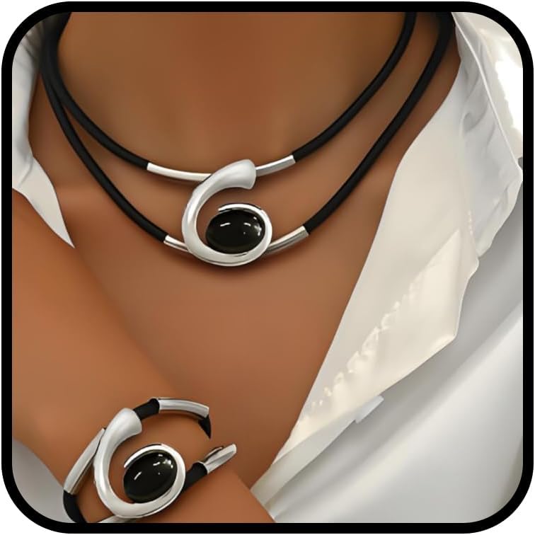 Gold Jewelry Set, Silver Black Boho Western Double Layered Chunky Vintage Pendant Necklace Stack Trendy Adjustable Non Tarnish Bracelet Cowgirl Dainty Hypoallergenic Earrings Jewelry Sets For Women